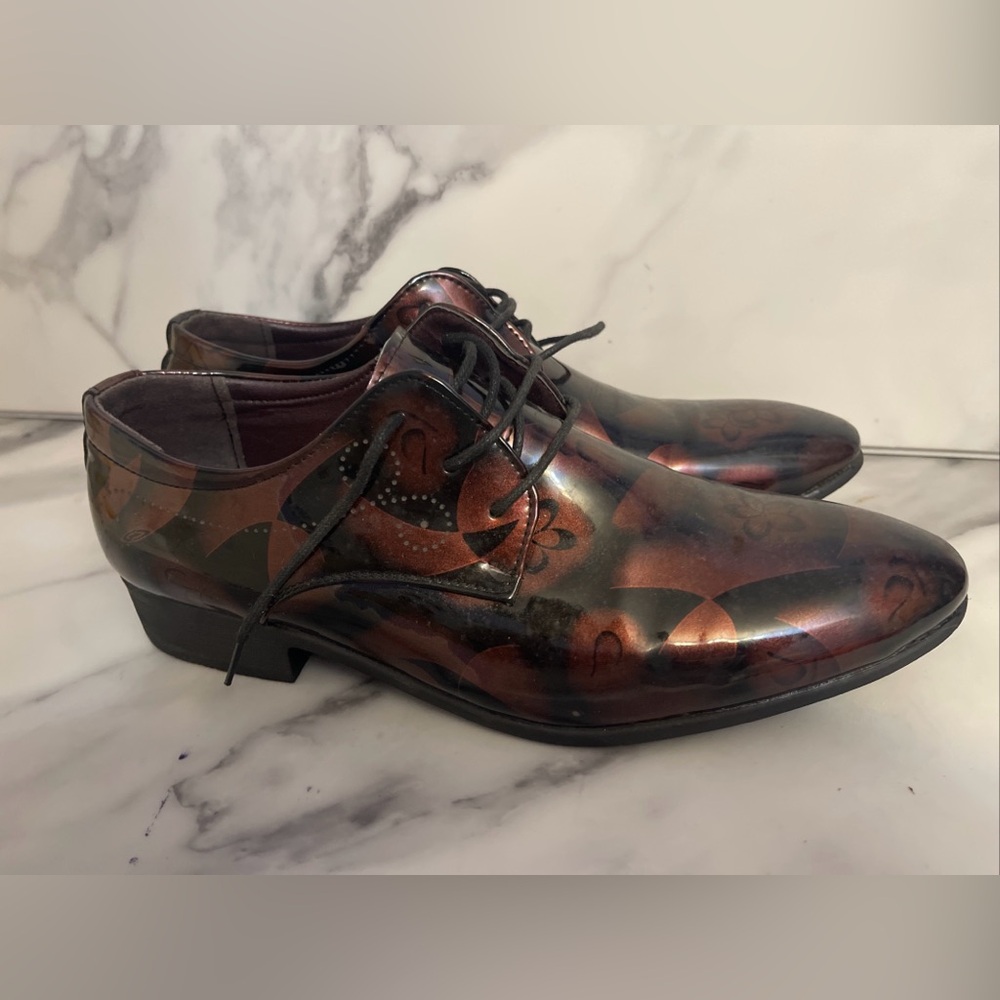 Fashion Prestige Black & Copper Shiny Patent Leather Dress Shoes Men's Size 8
